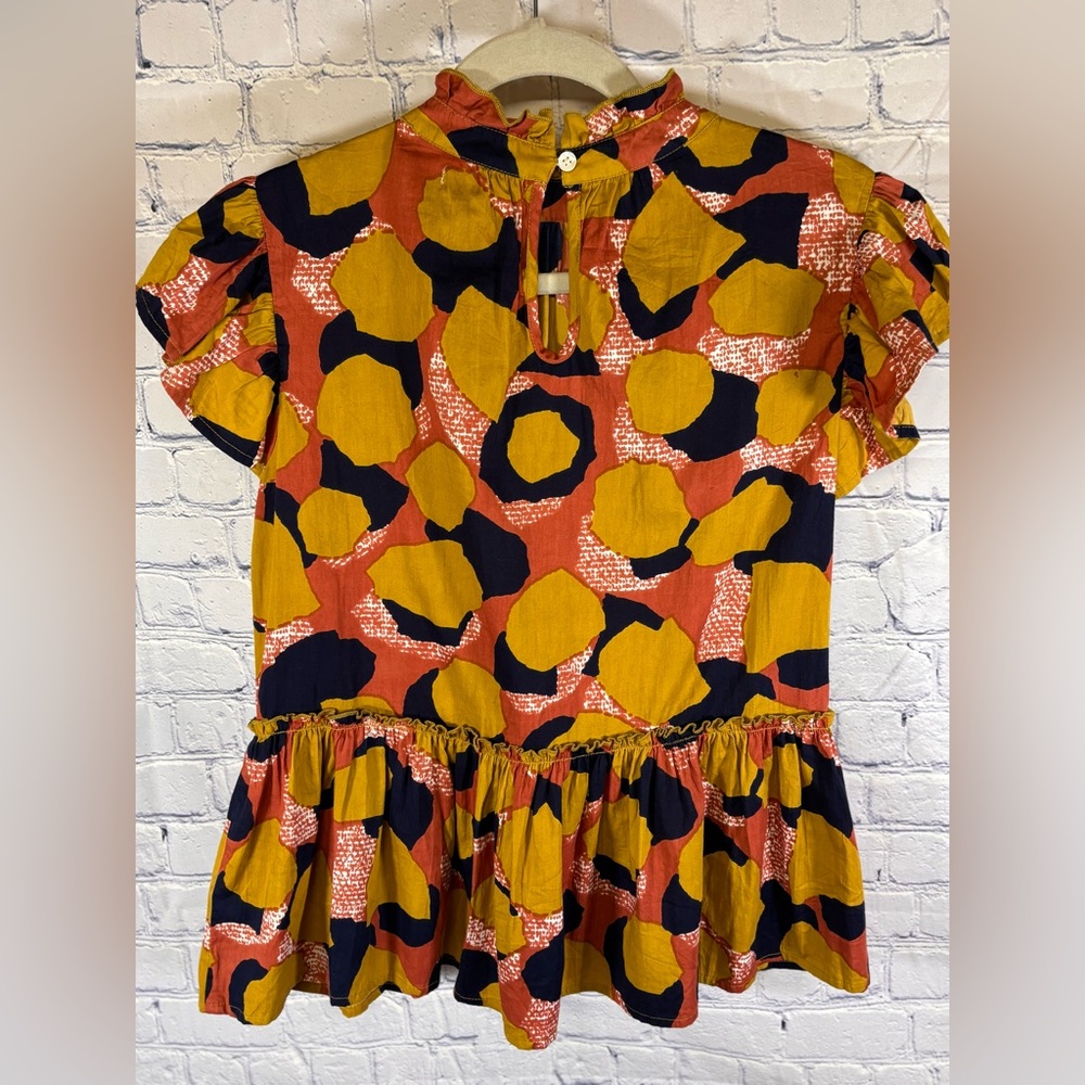 Anthropologie THML Navy Gold Rust Smocked Flutter Sleeve Peplum Boho Top S